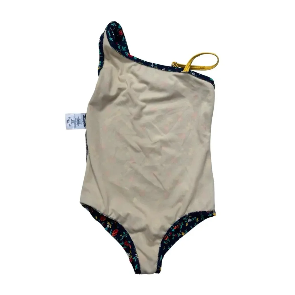 LANDS END Navy Floral Bow One Piece Girls Swim Suit Size 7 Red Yellow Strap